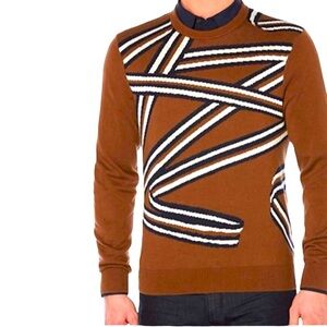 PERRY ELLIS Ribbon Tape Design Crewneck Sweater Brown Navy White L